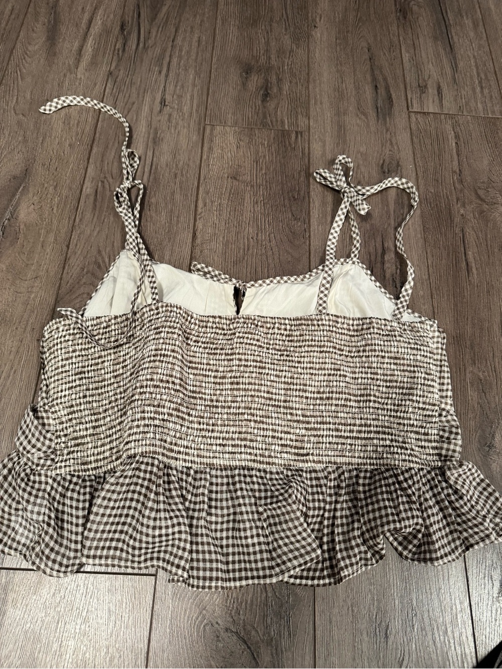 American Age Brown and White Gingham Tie-Shoulder Crop Camisole - Picture 3 of 3